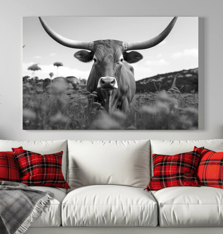 Cow Bighorn Wall Art Canvas Print, Longhorn Texas Large Cow Animal Canvas Print