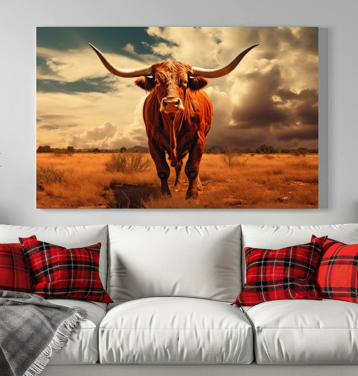 Cow Bighorn Wall Art Canvas Print, Longhorn Texas Large Cow Animal Canvas Print