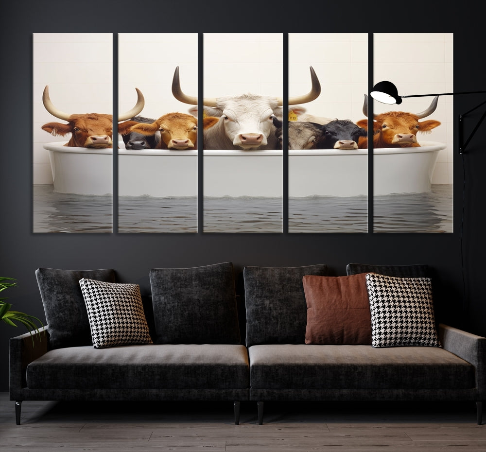 Cows in Bathtub Funny Animal Wall Art Canvas Print Framed Farmhouse Decor