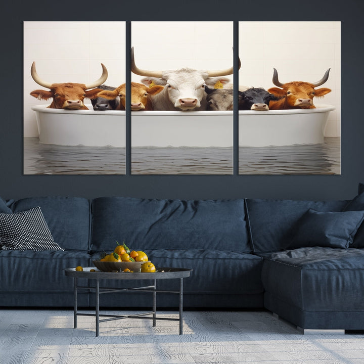 Cows in Bathtub Funny Animal Wall Art Canvas Print Framed Farmhouse Decor