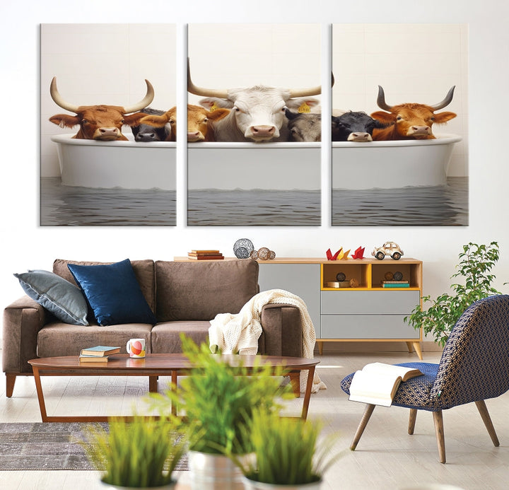 Cows in Bathtub Funny Animal Wall Art Canvas Print Framed Farmhouse Decor