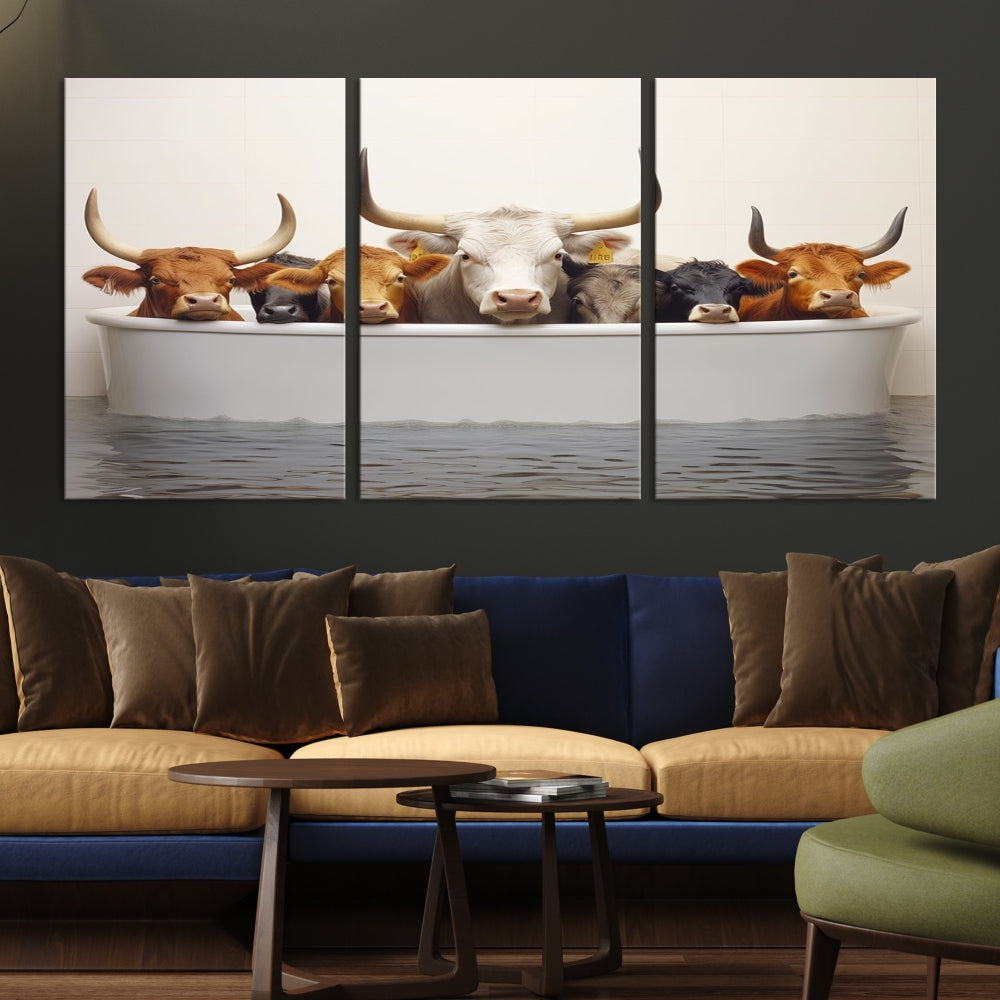 Cows in Bathtub Funny Animal Wall Art Canvas Print Framed Farmhouse Decor