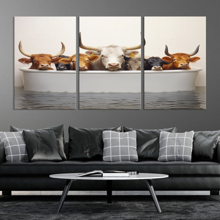 Cows in Bathtub Funny Animal Wall Art Canvas Print Framed Farmhouse Decor