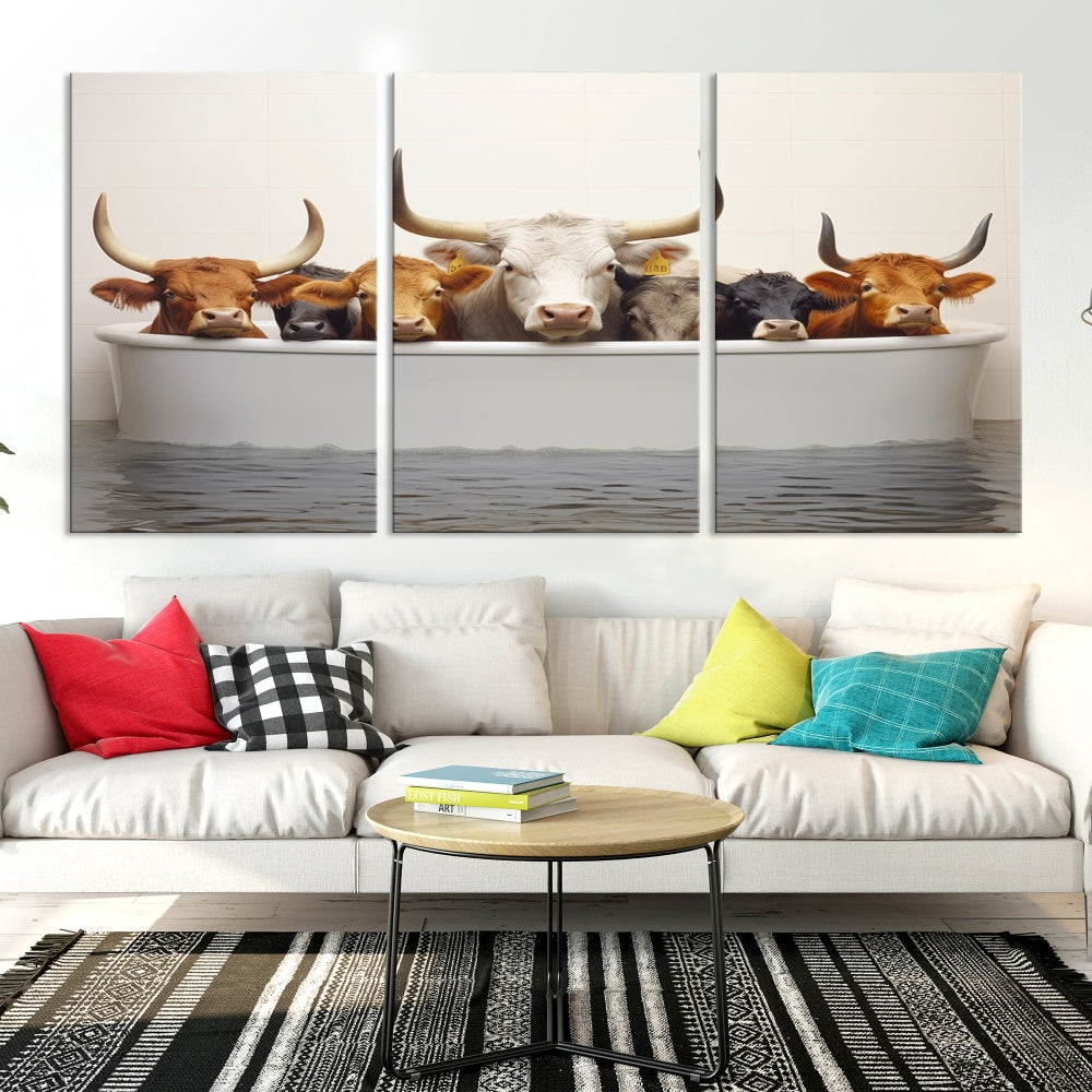 Cows in Bathtub Funny Animal Wall Art Canvas Print Framed Farmhouse Decor