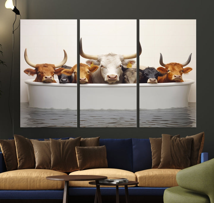 Cows in Bathtub Funny Animal Wall Art Canvas Print Framed Farmhouse Decor