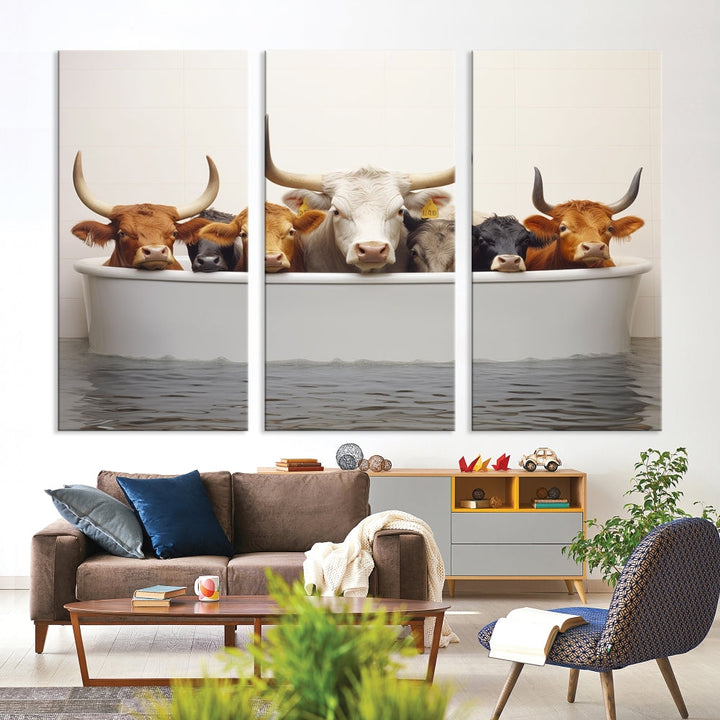 Cows in Bathtub Funny Animal Wall Art Canvas Print Framed Farmhouse Decor