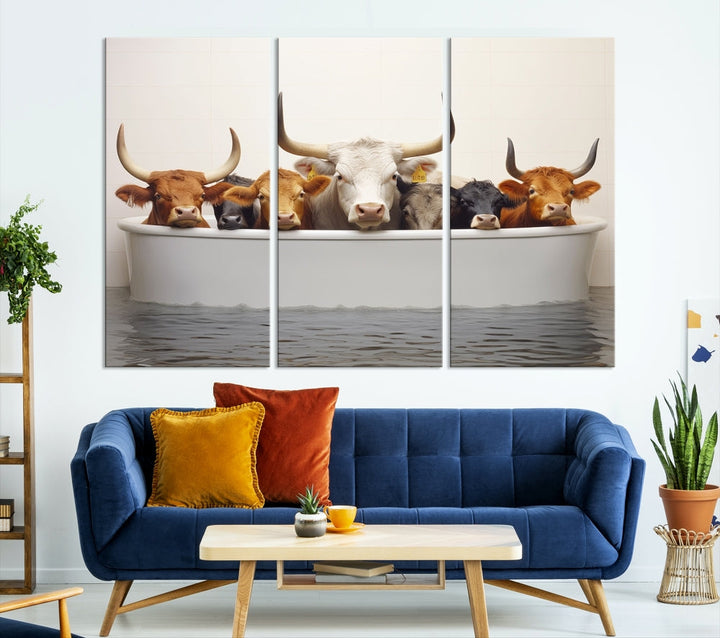 Cows in Bathtub Funny Animal Wall Art Canvas Print Framed Farmhouse Decor