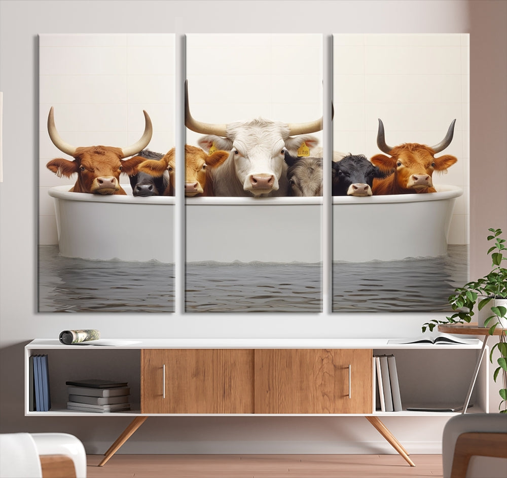 Cows in Bathtub Funny Animal Wall Art Canvas Print Framed Farmhouse Decor