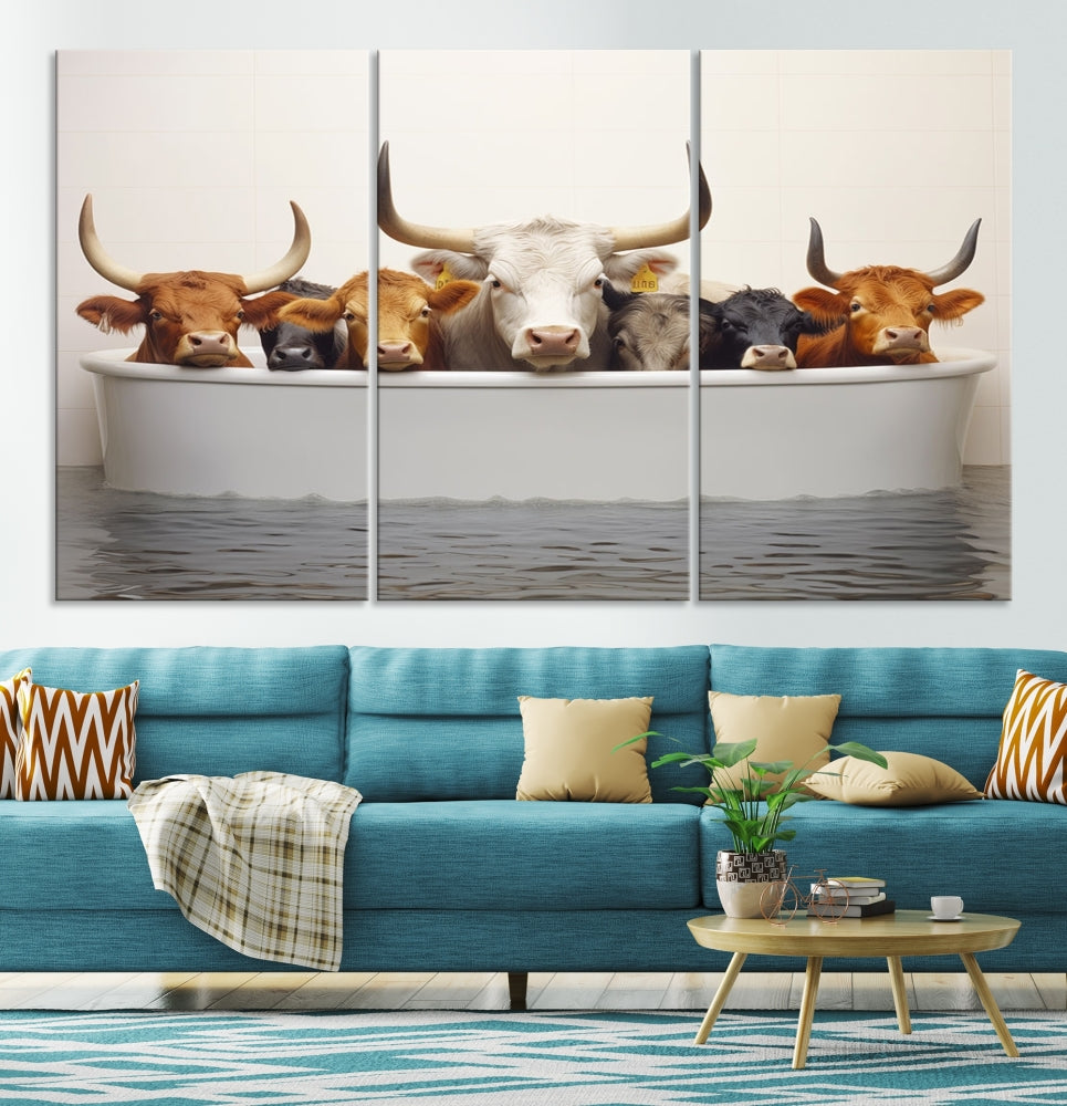 Cows in Bathtub Funny Animal Wall Art Canvas Print Framed Farmhouse Decor