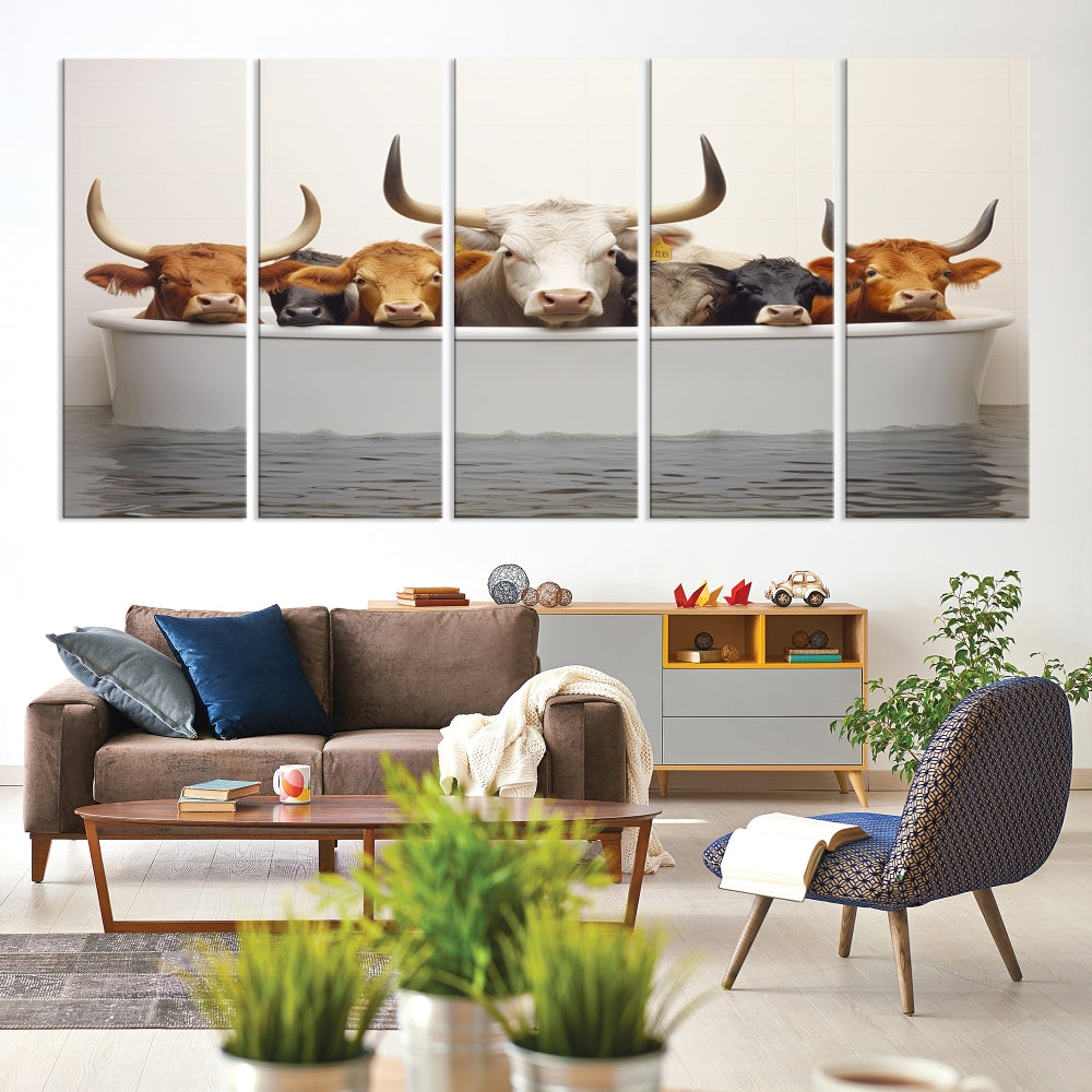 Cows in Bathtub Funny Animal Wall Art Canvas Print Framed Farmhouse Decor