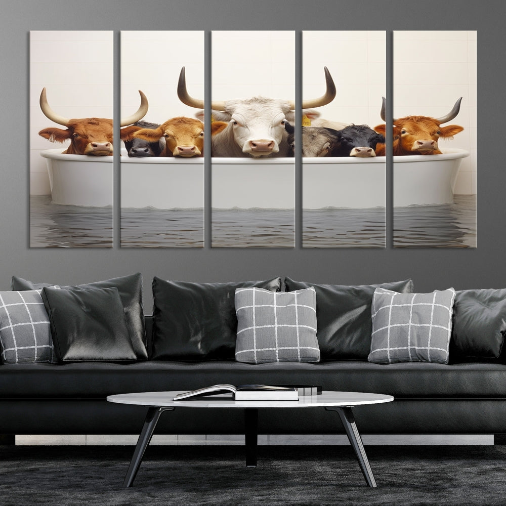 Cows in Bathtub Funny Animal Wall Art Canvas Print Framed Farmhouse Decor