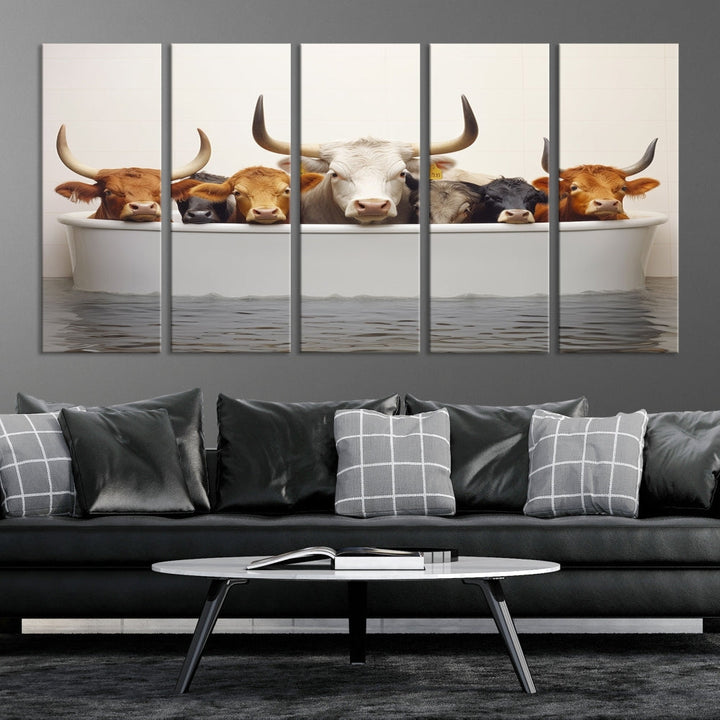 Cows in Bathtub Funny Animal Wall Art Canvas Print Framed Farmhouse Decor