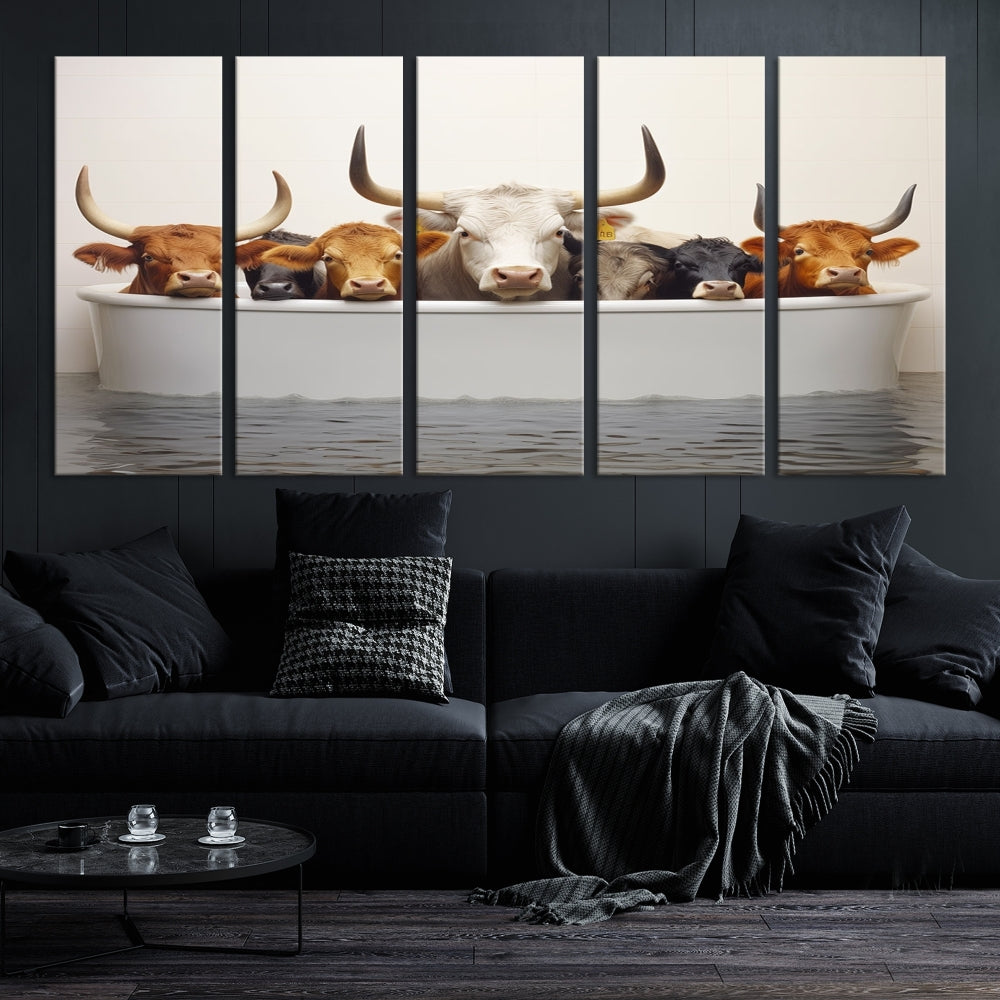 Cows in Bathtub Funny Animal Wall Art Canvas Print Framed Farmhouse Decor