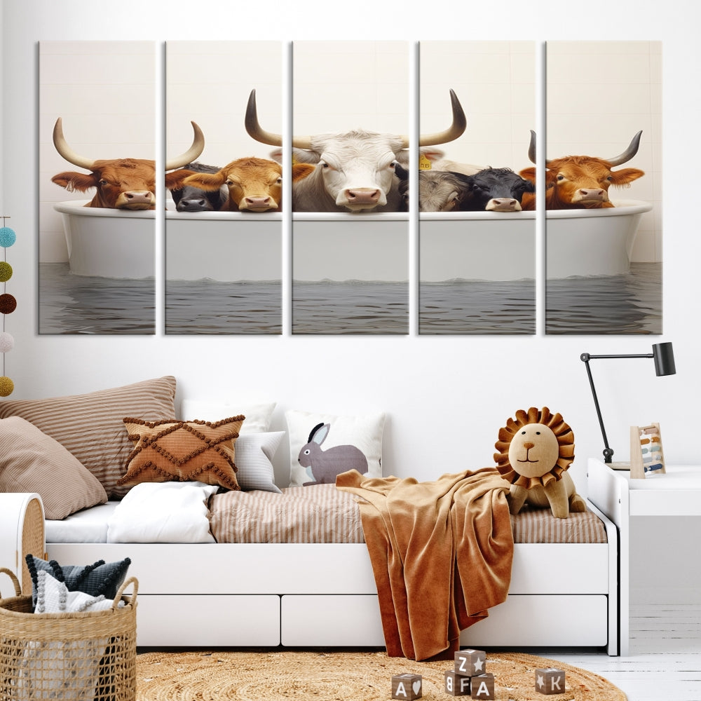 Cows in Bathtub Funny Animal Wall Art Canvas Print Framed Farmhouse Decor