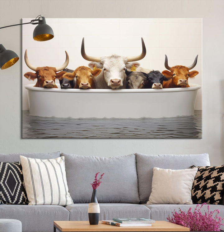 Cows in Bathtub Funny Animal Wall Art Canvas Print Framed Farmhouse Decor