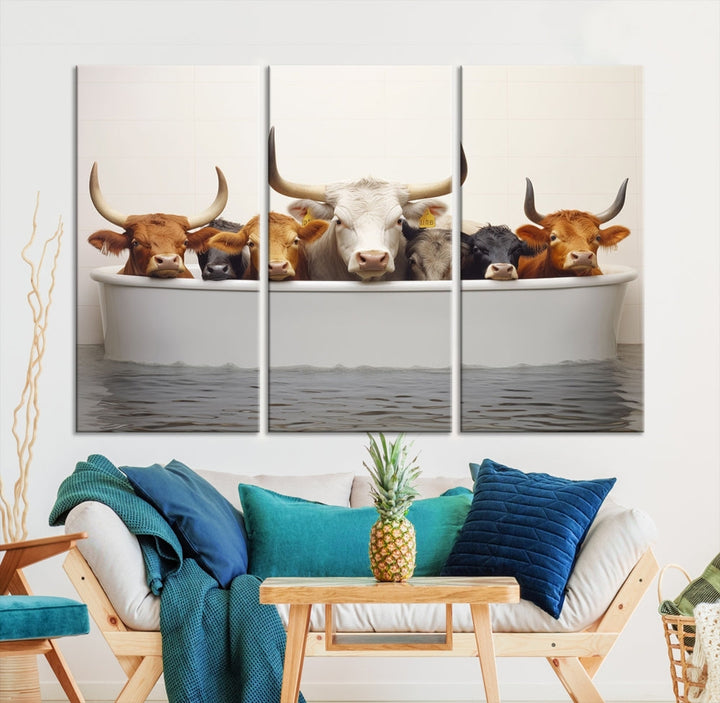 Cows in Bathtub Funny Animal Wall Art Canvas Print Framed Farmhouse Decor