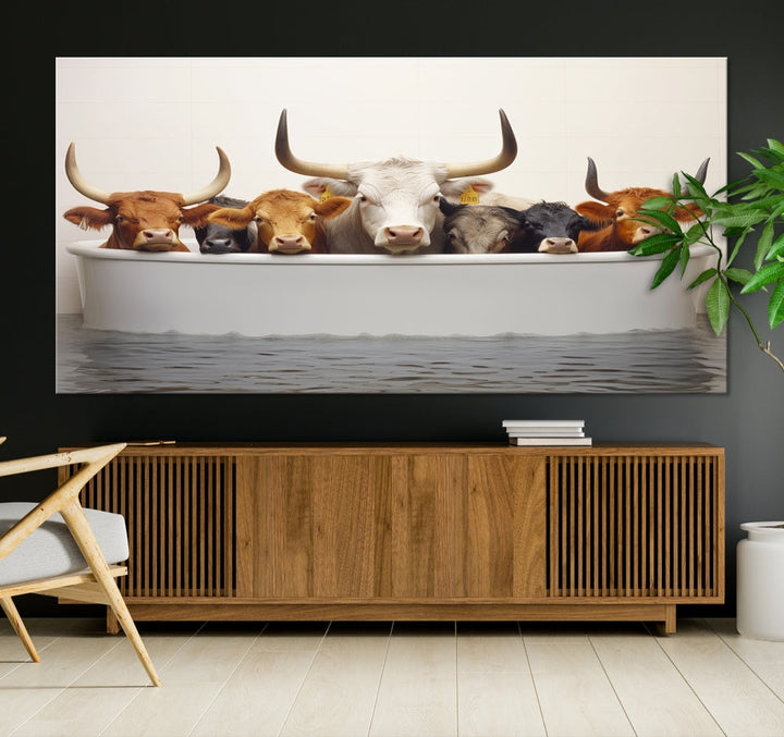 Cows in Bathtub Funny Animal Wall Art Canvas Print Framed Farmhouse Decor