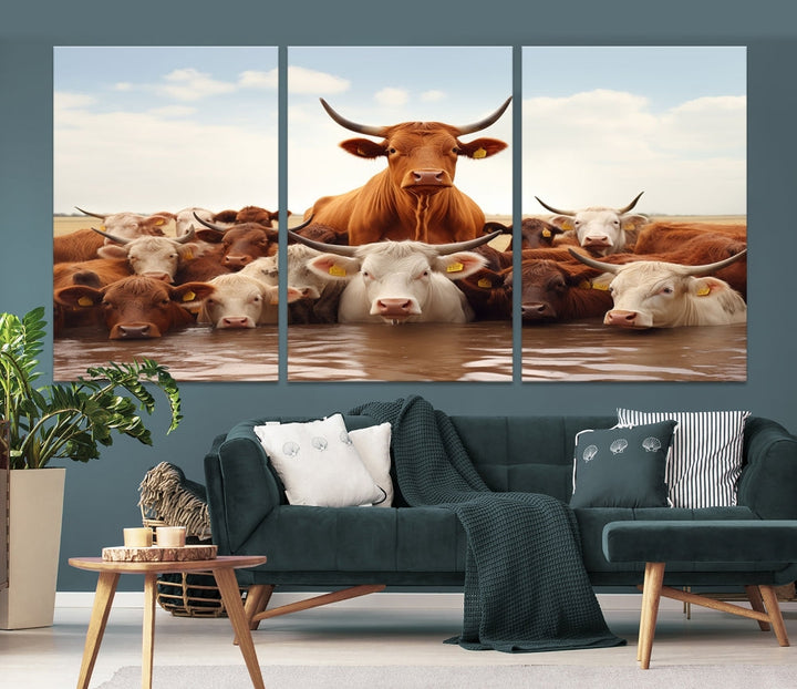 Cows in the River Funny Animal Wall Art Cow Canvas Print Farm House Wall Decor