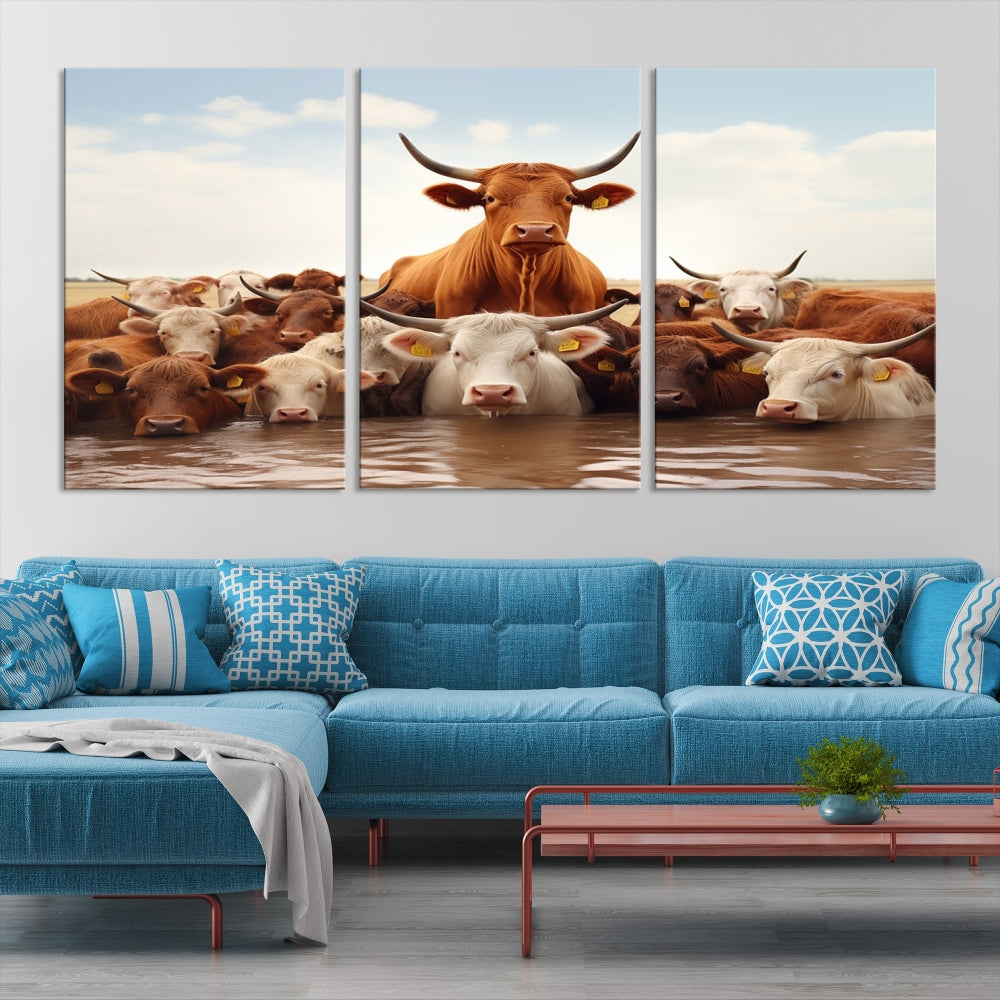 Cows in the River Funny Animal Wall Art Cow Canvas Print Farm House Wall Decor