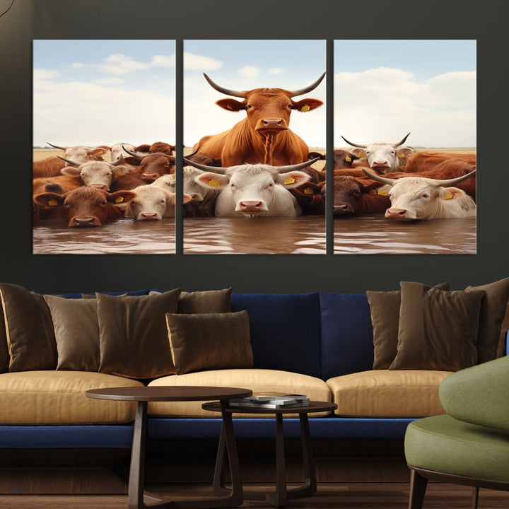 Cows in the River Funny Animal Wall Art Cow Canvas Print Farm House Wall Decor