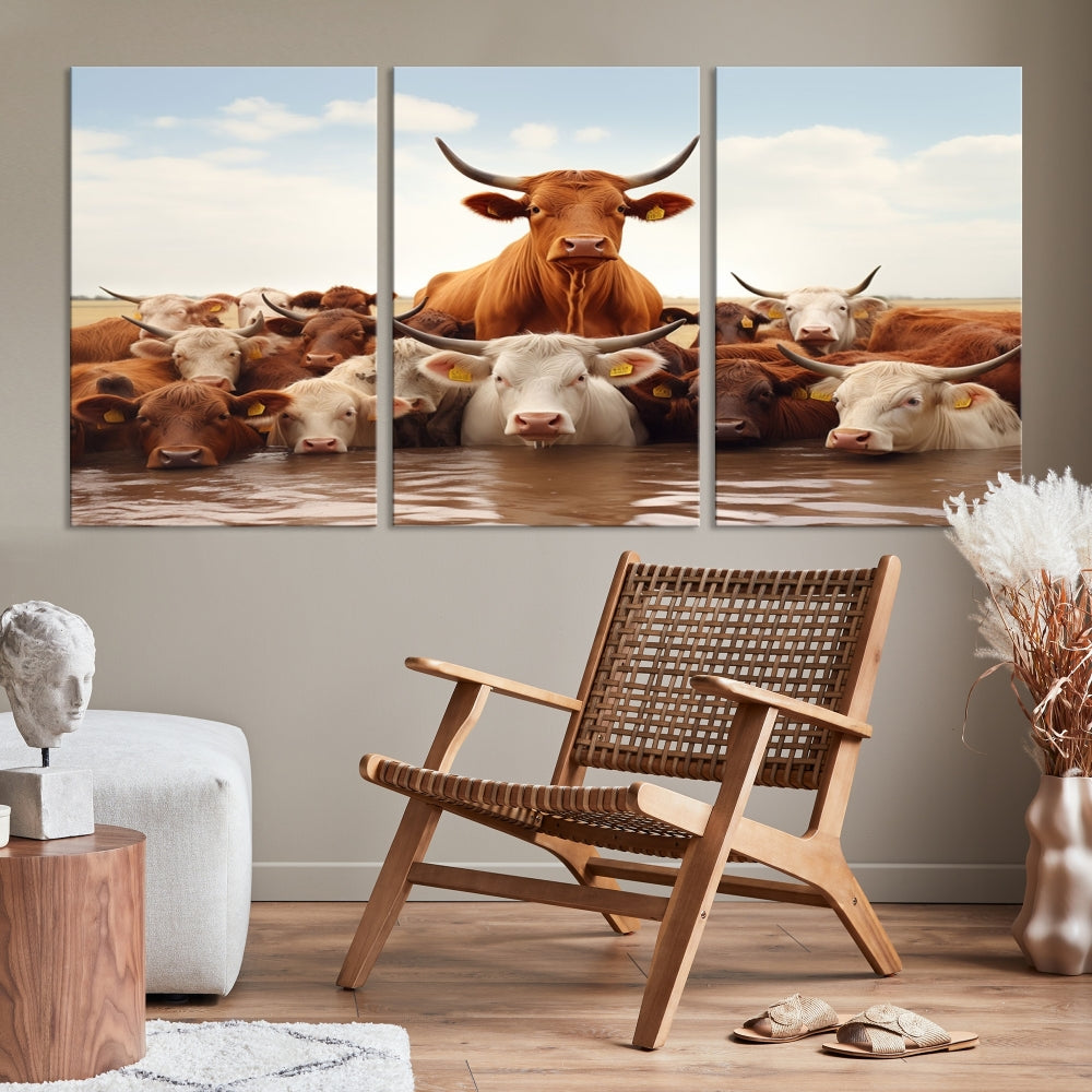 Cows in the River Funny Animal Wall Art Cow Canvas Print Farm House Wall Decor