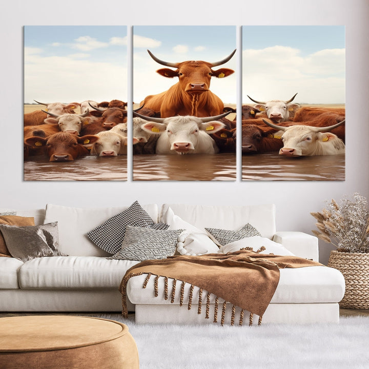 Cows in the River Funny Animal Wall Art Cow Canvas Print Farm House Wall Decor