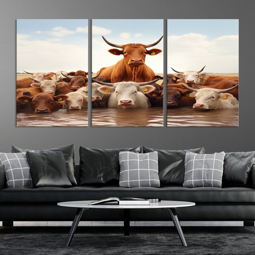 Cows in the River Funny Animal Wall Art Cow Canvas Print Farm House Wall Decor