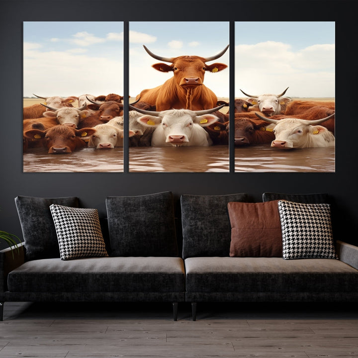 Cows in the River Funny Animal Wall Art Cow Canvas Print Farm House Wall Decor