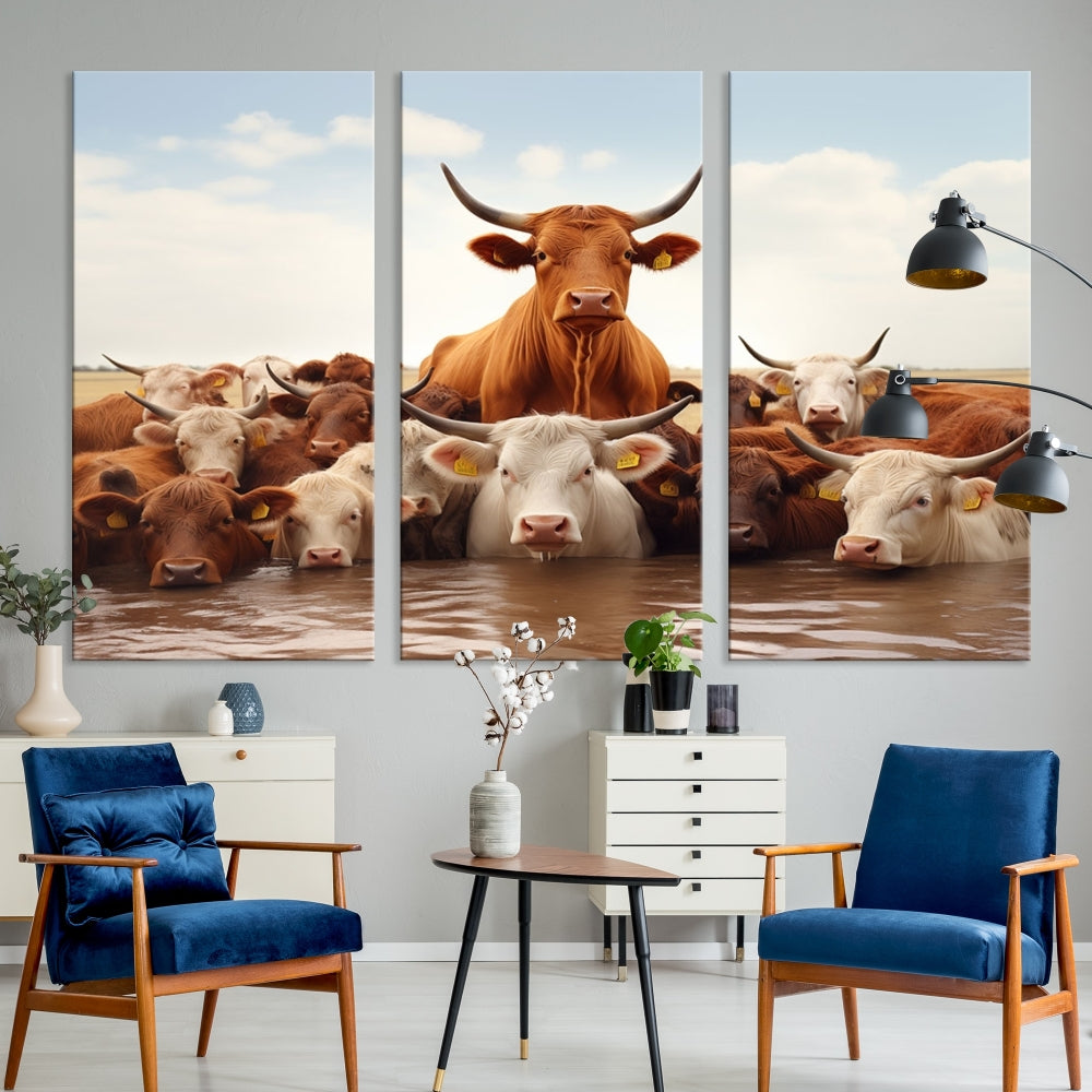 Cows in the River Funny Animal Wall Art Cow Canvas Print Farm House Wall Decor