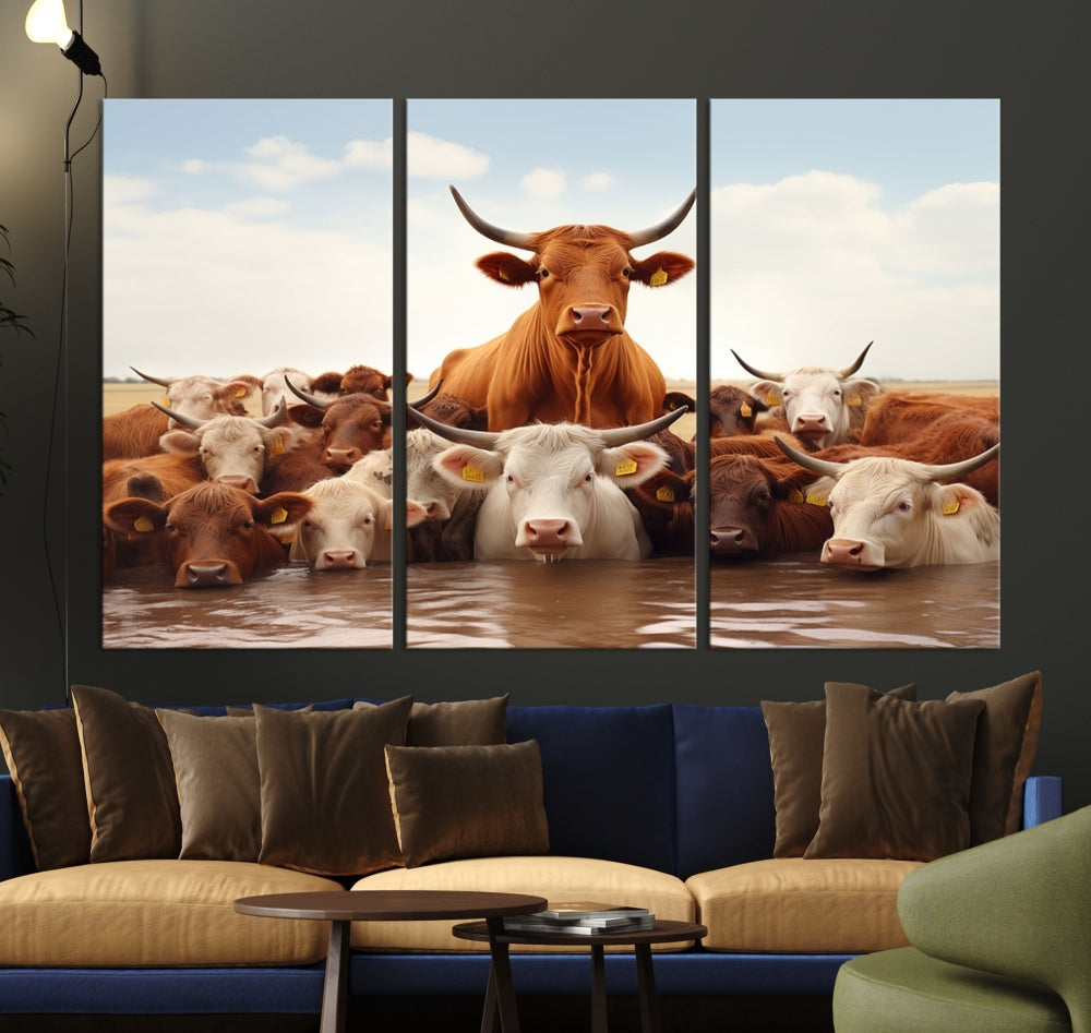 Cows in the River Funny Animal Wall Art Cow Canvas Print Farm House Wall Decor