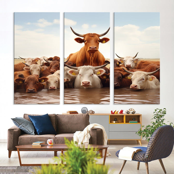 Cows in the River Funny Animal Wall Art Cow Canvas Print Farm House Wall Decor