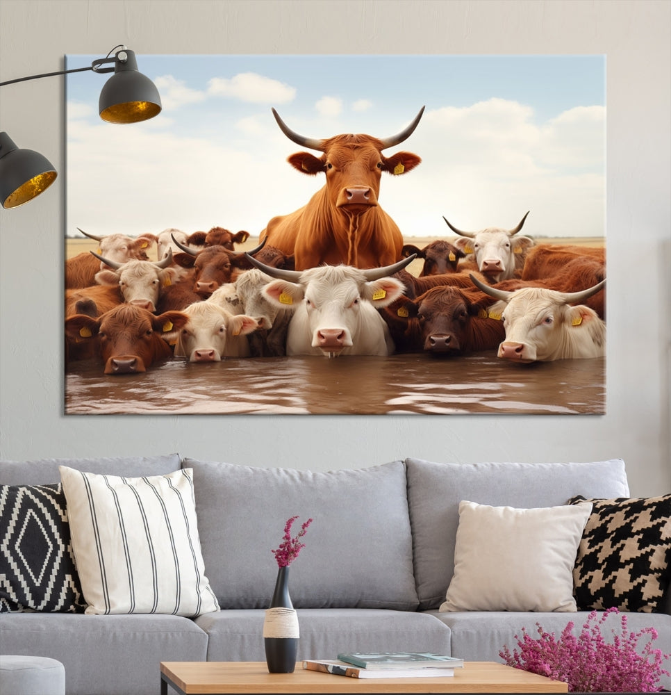 Cows in the River Funny Animal Wall Art Cow Canvas Print Farm House Wall Decor