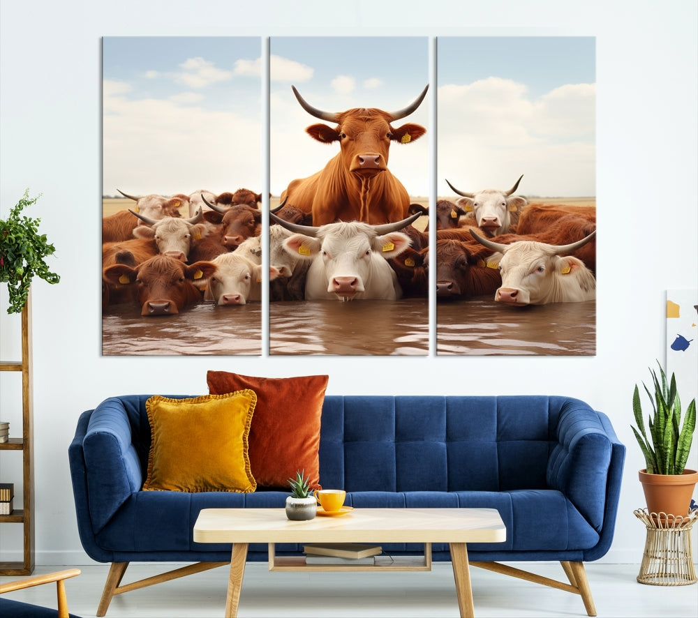 Cows in the River Funny Animal Wall Art Cow Canvas Print Farm House Wall Decor