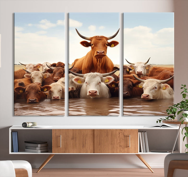 Cows in the River Funny Animal Wall Art Cow Canvas Print Farm House Wall Decor