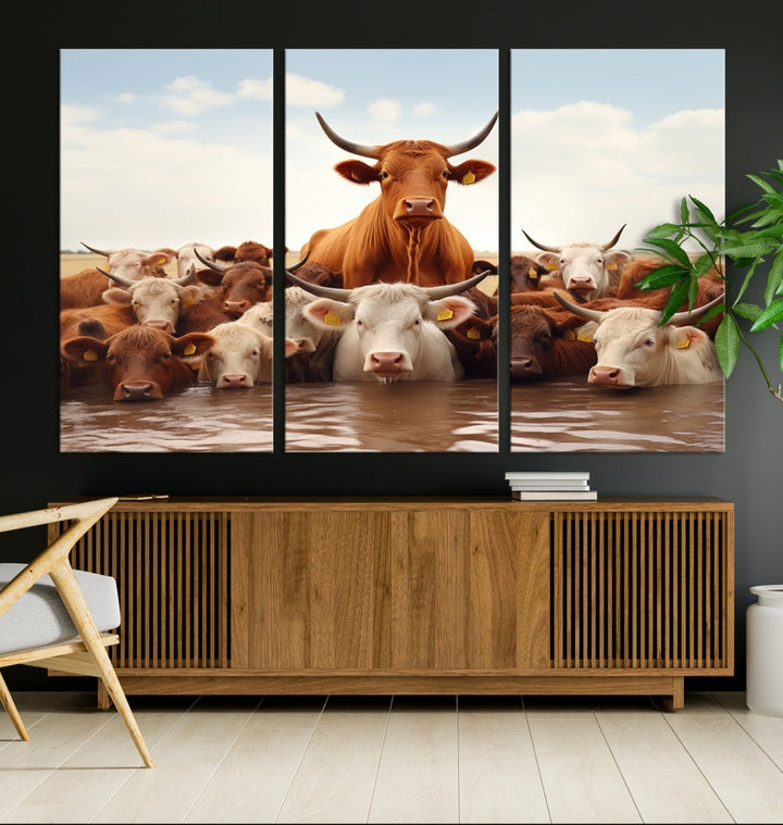 Cows in the River Funny Animal Wall Art Cow Canvas Print Farm House Wall Decor