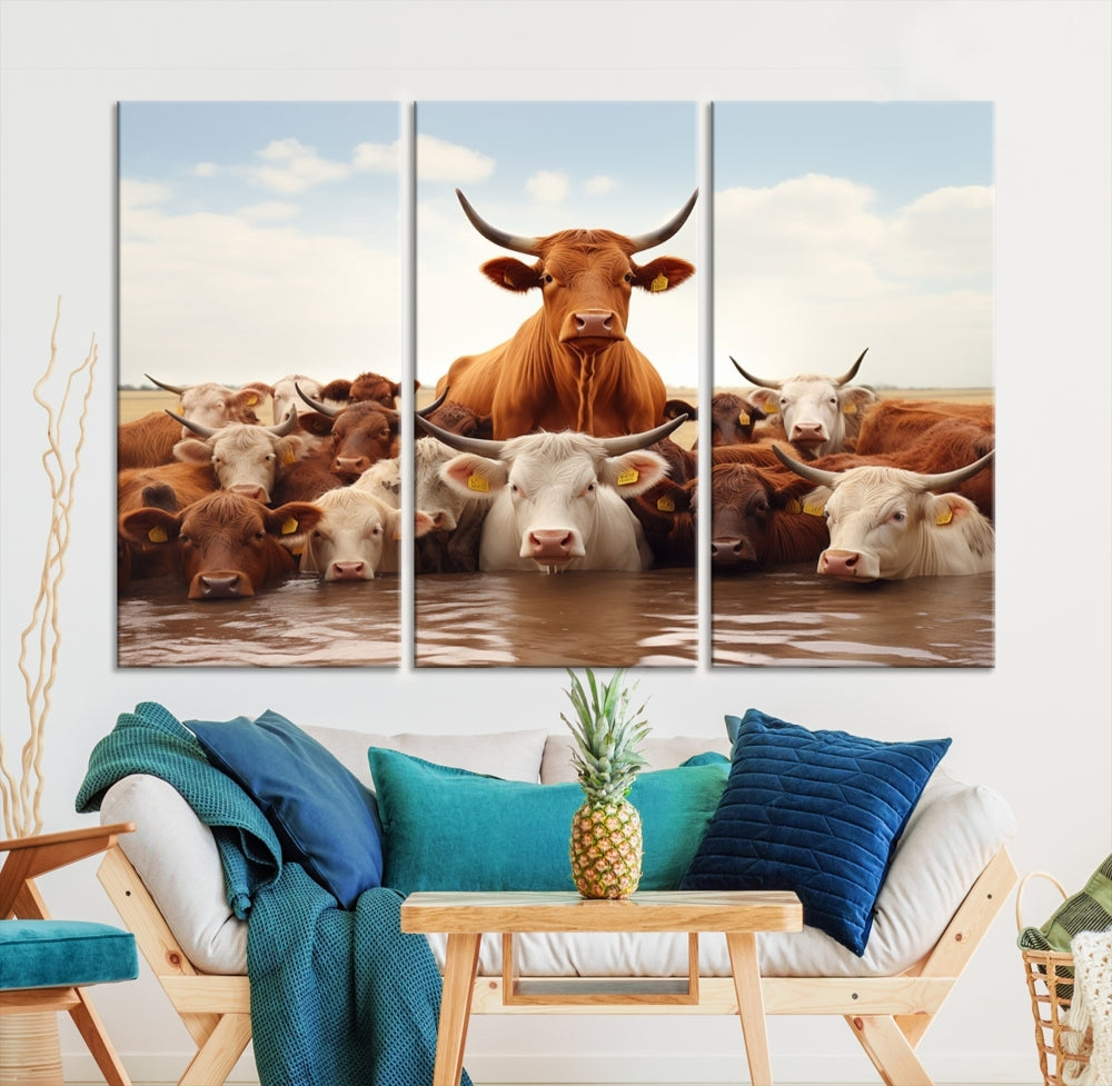 Cows in the River Funny Animal Wall Art Cow Canvas Print Farm House Wall Decor