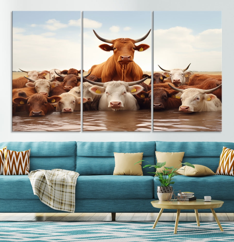 Cows in the River Funny Animal Wall Art Cow Canvas Print Farm House Wall Decor