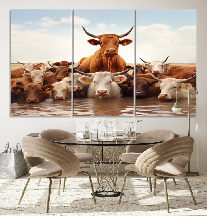 Cows in the River Funny Animal Wall Art Cow Canvas Print Farm House Wall Decor