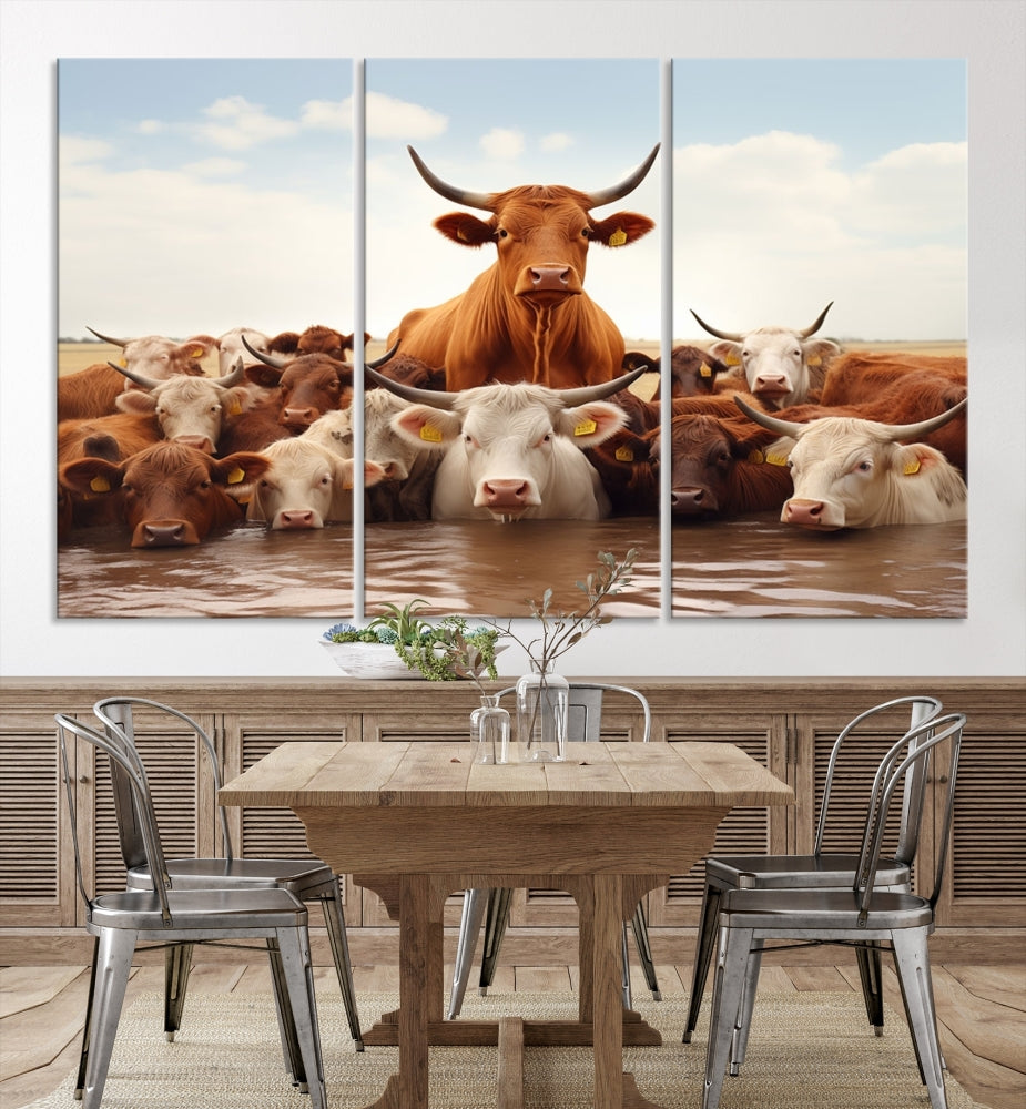 Cows in the River Funny Animal Wall Art Cow Canvas Print Farm House Wall Decor