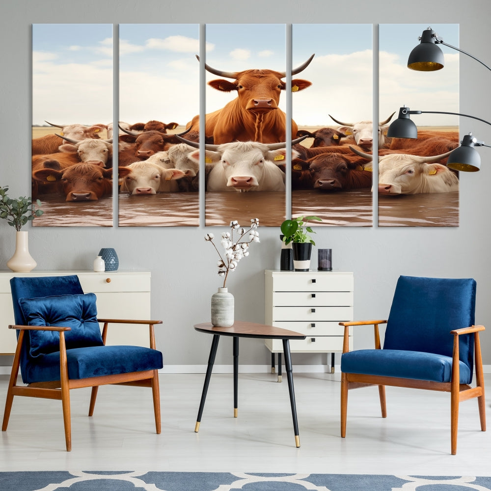 Cows in the River Funny Animal Wall Art Cow Canvas Print Farm House Wall Decor