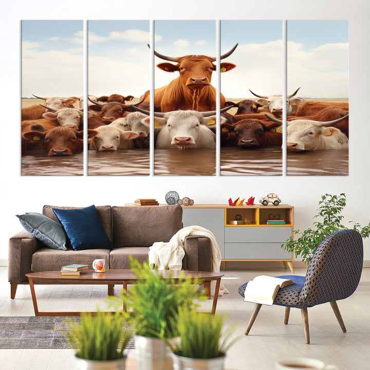 Cows in the River Funny Animal Wall Art Cow Canvas Print Farm House Wall Decor