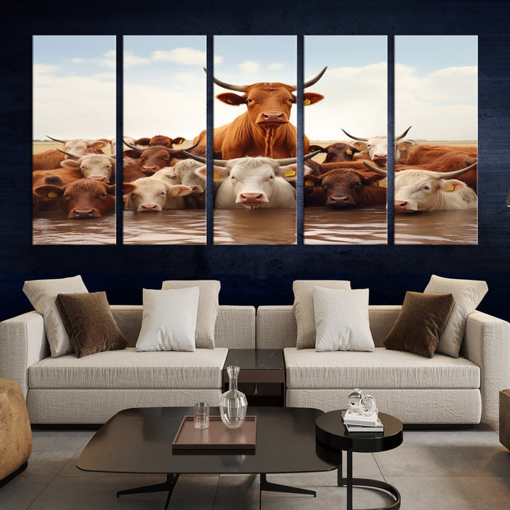 Cows in the River Funny Animal Wall Art Cow Canvas Print Farm House Wall Decor