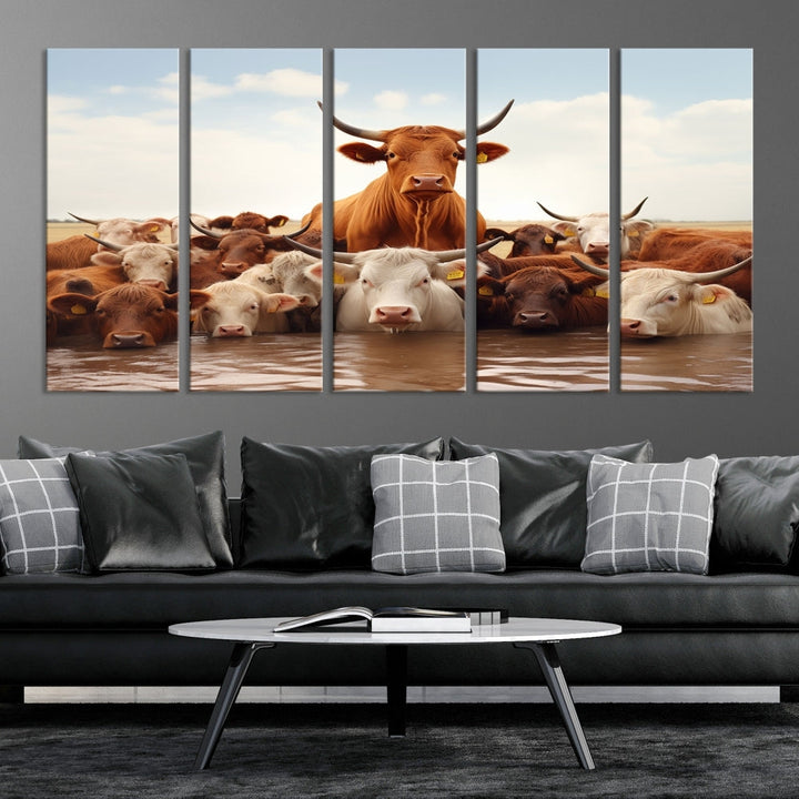 Cows in the River Funny Animal Wall Art Cow Canvas Print Farm House Wall Decor