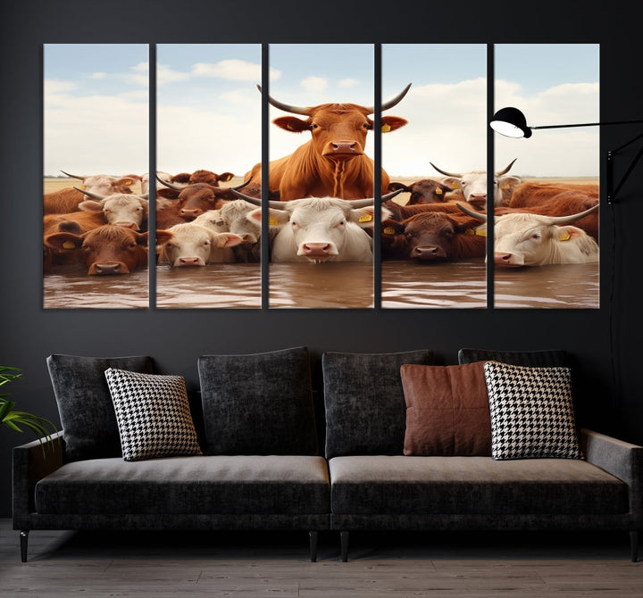 Cows in the River Funny Animal Wall Art Cow Canvas Print Farm House Wall Decor