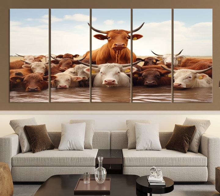 Cows in the River Funny Animal Wall Art Cow Canvas Print Farm House Wall Decor