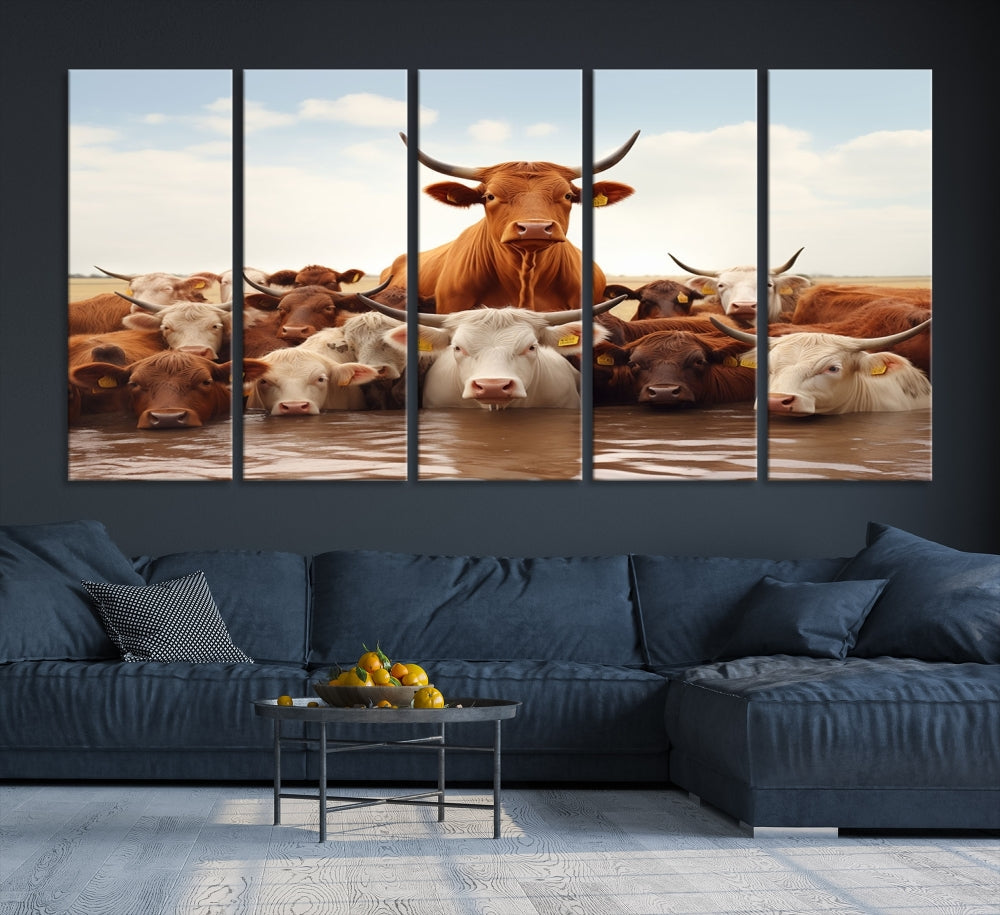 Cows in the River Funny Animal Wall Art Cow Canvas Print Farm House Wall Decor