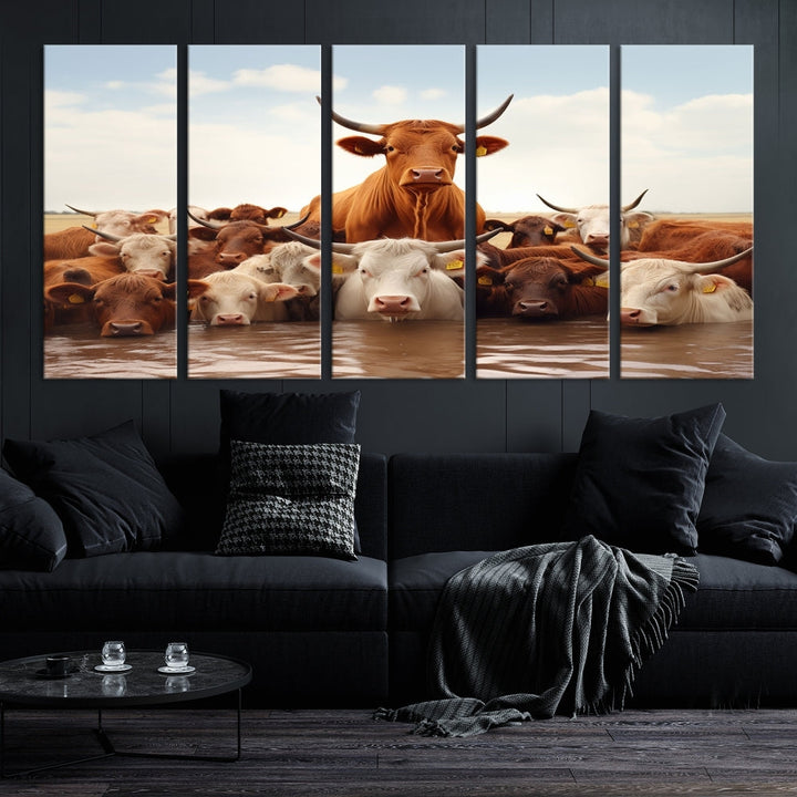 Cows in the River Funny Animal Wall Art Cow Canvas Print Farm House Wall Decor