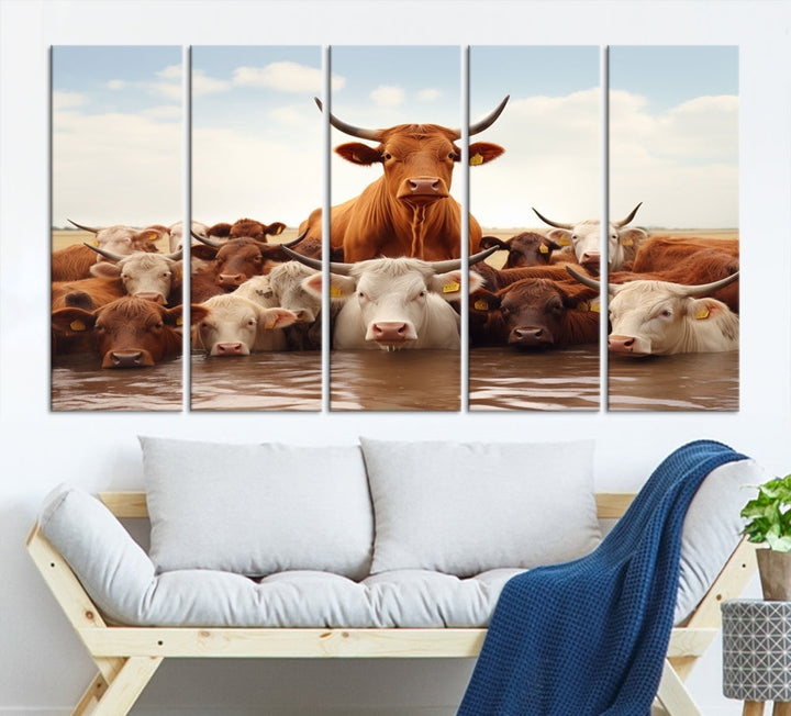 Cows in the River Funny Animal Wall Art Cow Canvas Print Farm House Wall Decor