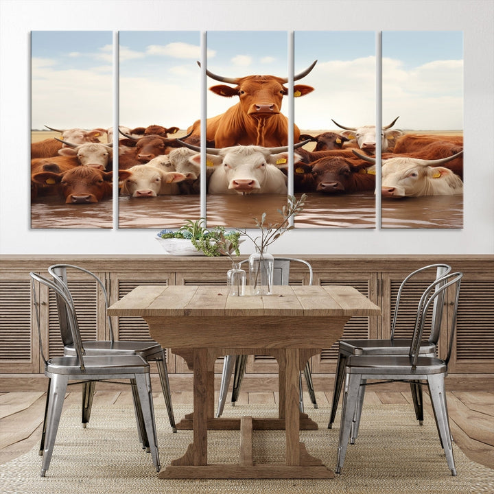 Cows in the River Funny Animal Wall Art Cow Canvas Print Farm House Wall Decor