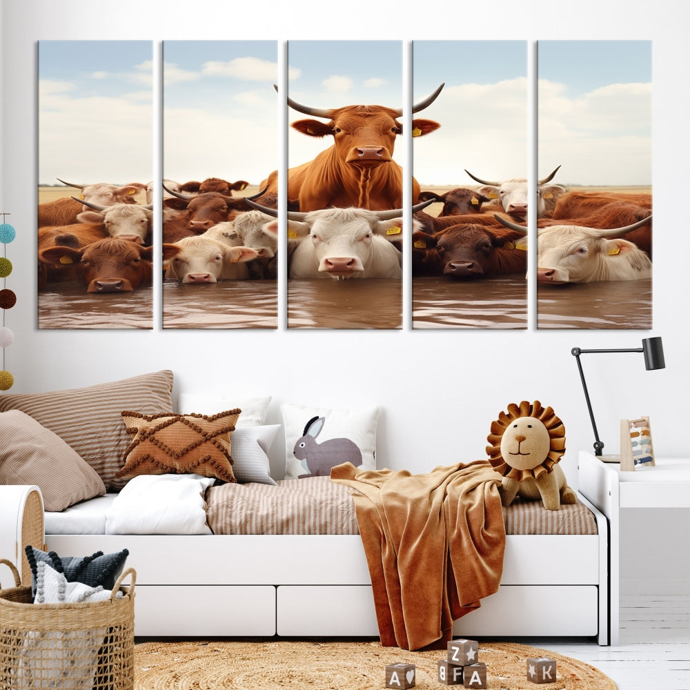 Cows in the River Funny Animal Wall Art Cow Canvas Print Farm House Wall Decor